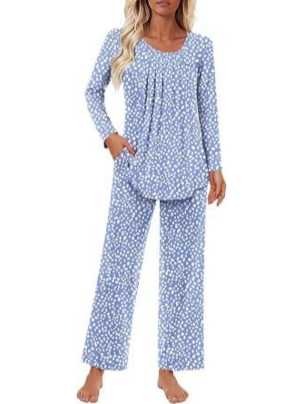 Womens Two Piece Pajama Set Long Sleeve Lounge Top and Wide Leg Pants with Pocke